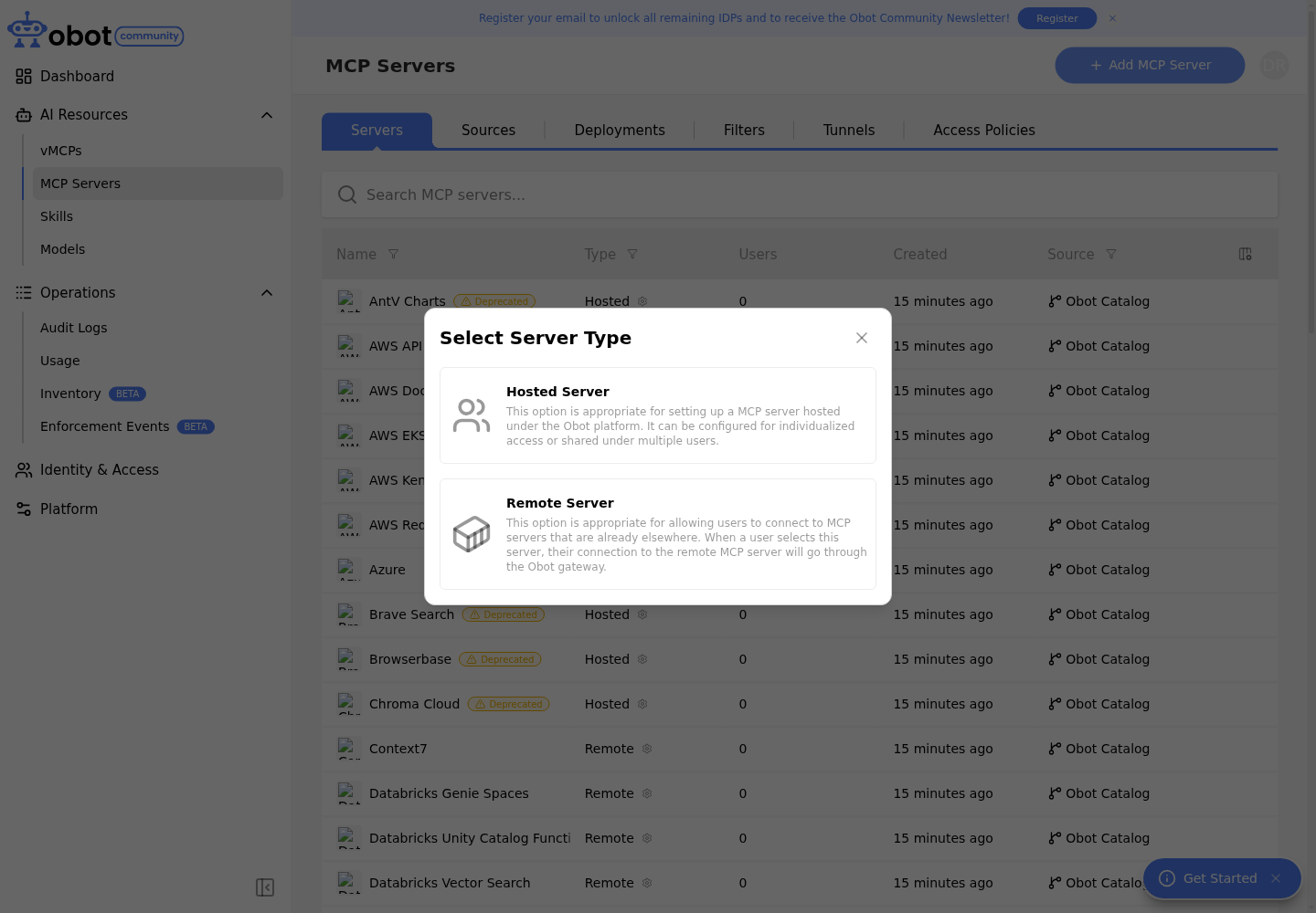 Hosted Server and Remote Server choices in the catalog entry selector