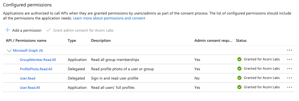 screenshot of Entra configured permissions
