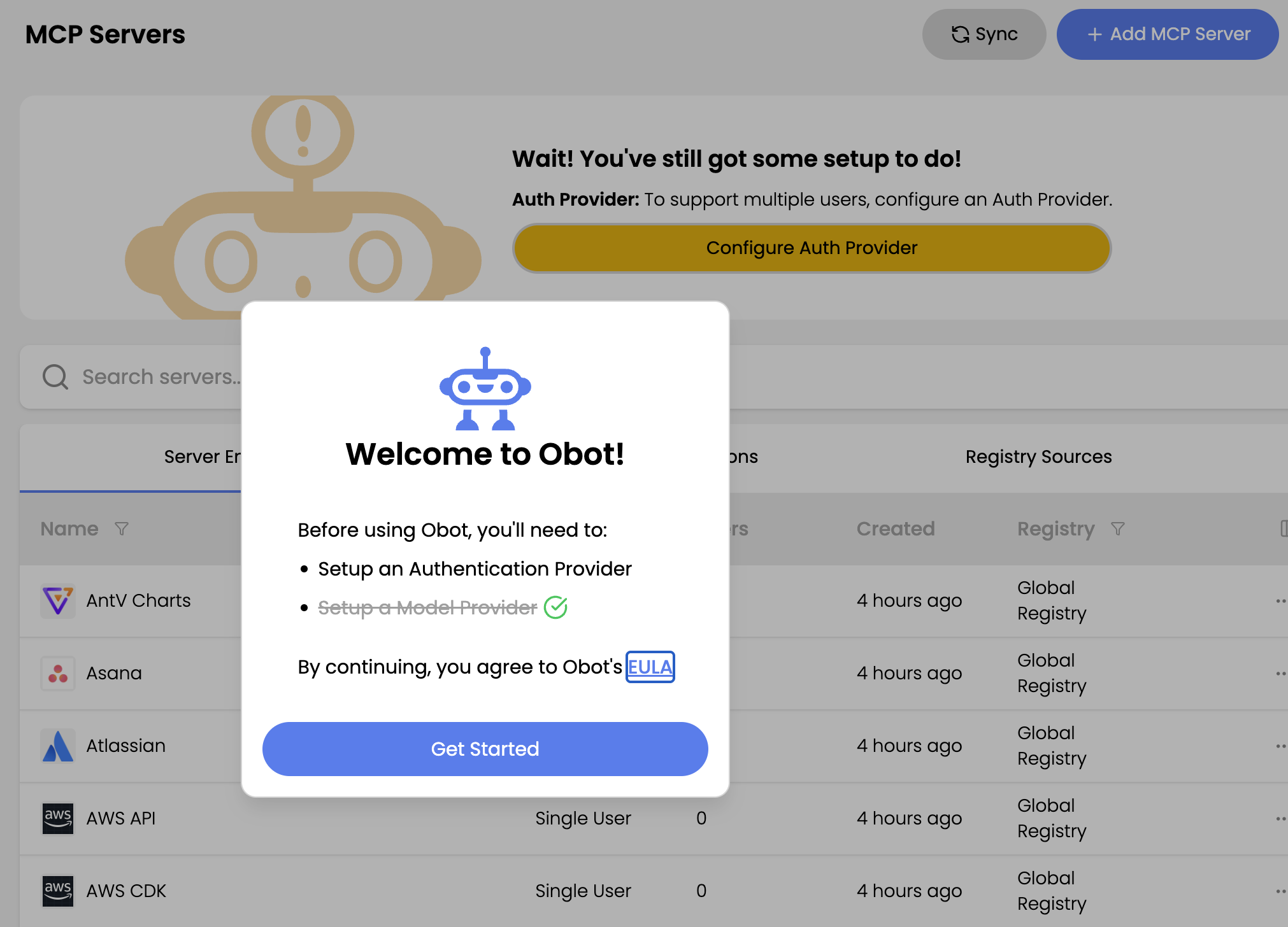 screenshot of welcome obot